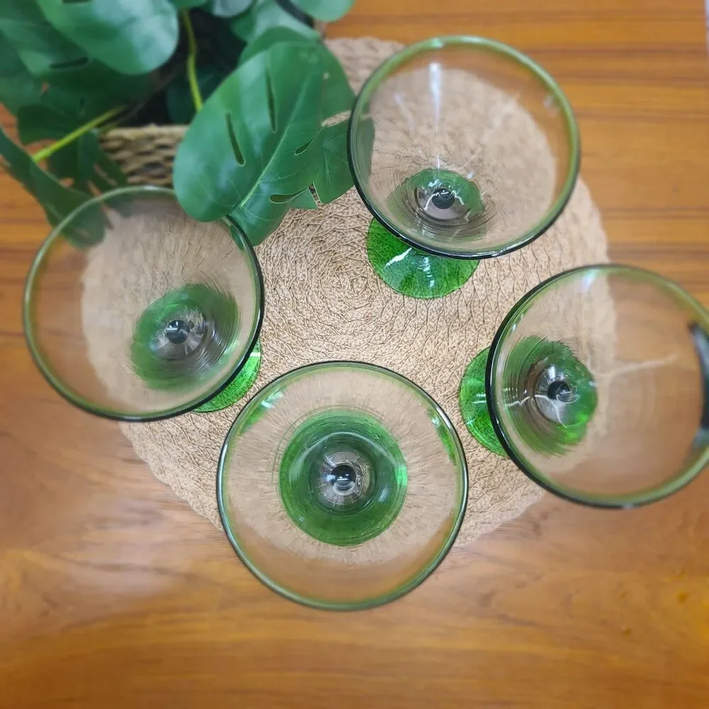 Set of 4 Mexican Hand Blown Tequila Margarita or Martini Glasses Heavy Green Rim